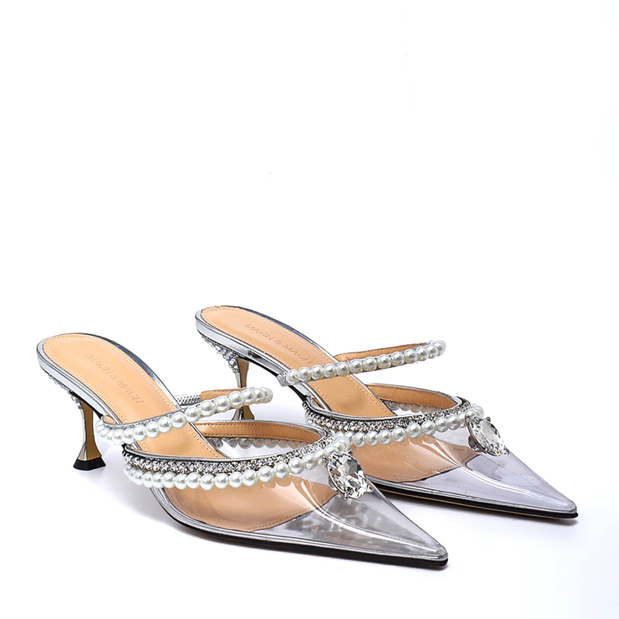 Mach & Mach - Silver Pvc & Patent Leather Diamond of Elizabeth Pearl Mules 